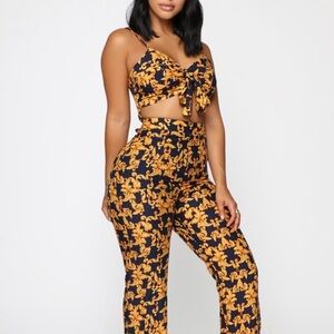 Fashion Nova Black and Gold Patterned Jumpsuit